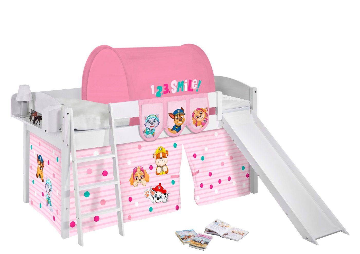 Lilokids Kinderbett Hochbett IDA Classic mit Rutsche & Vorhang PAW PATROL ROSA Spielbett 200x90cm von Lilokids