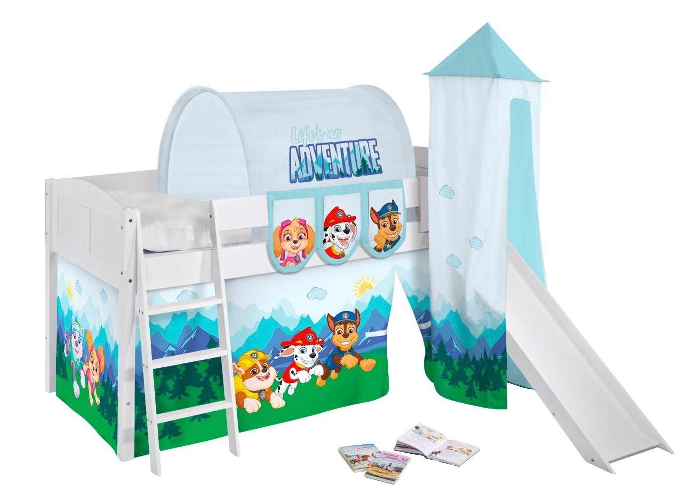 Lilokids Kinderbett Hochbett IDA Landhaus mit Rutsche, Vorhang & Turm PAW PATROL BLAU Spielbett 200x90cm von Lilokids