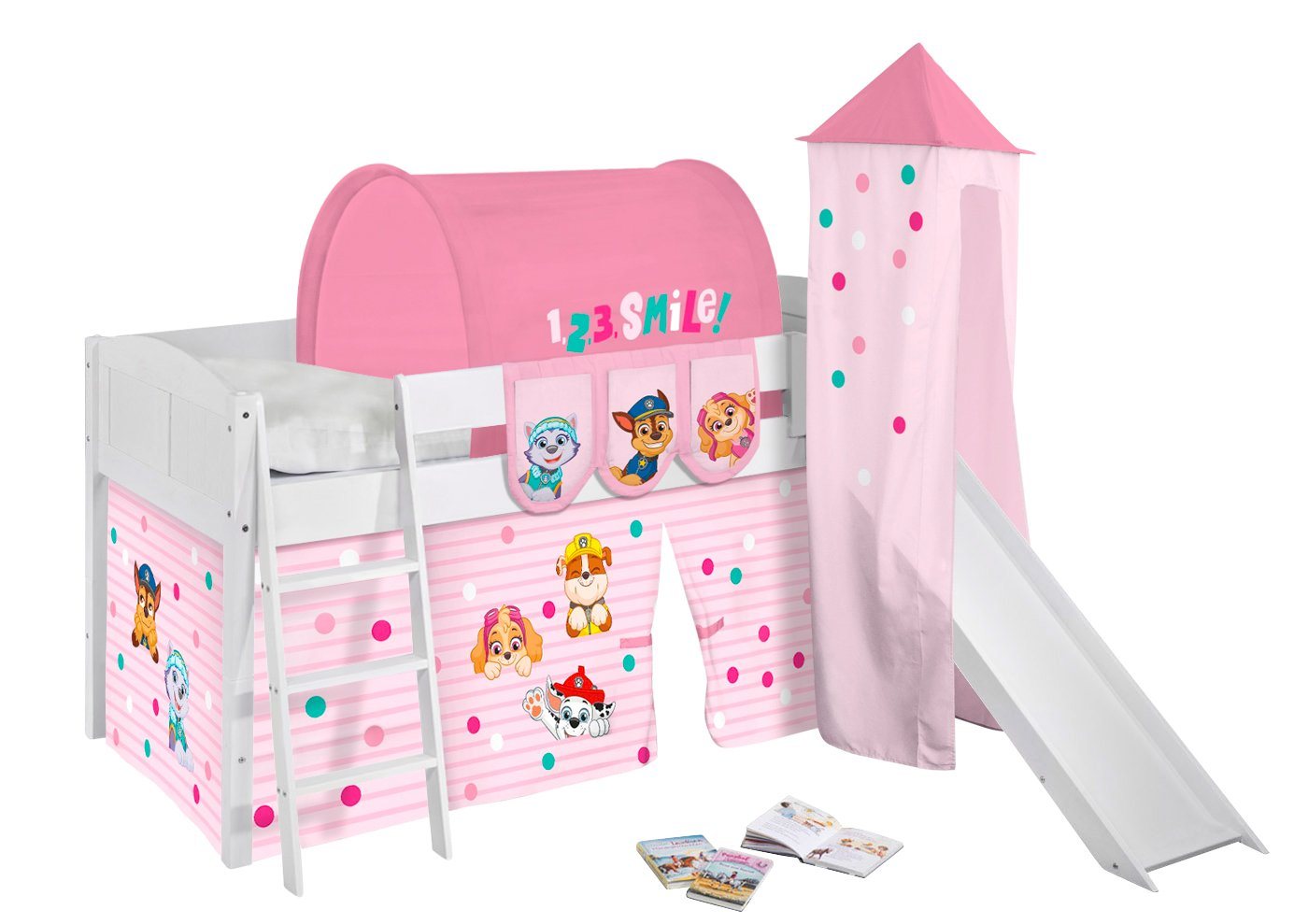 Lilokids Kinderbett Hochbett IDA Landhaus mit Rutsche, Vorhang & Turm PAW PATROL ROSA Spielbett 200x90cm von Lilokids