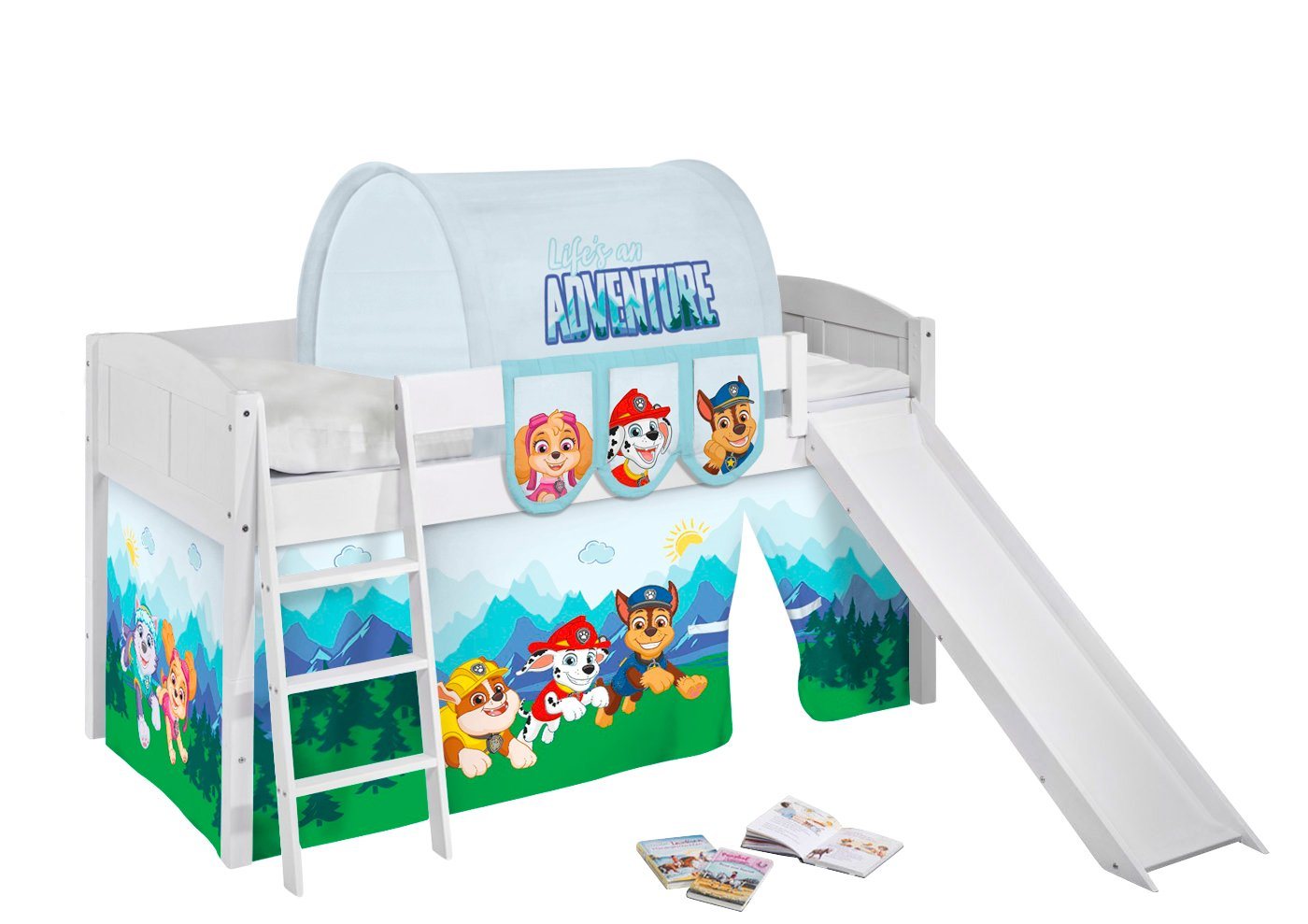 Lilokids Kinderbett Hochbett IDA Landhaus mit Rutsche & Vorhang PAW PATROL BLAU Spielbett 200x90cm von Lilokids