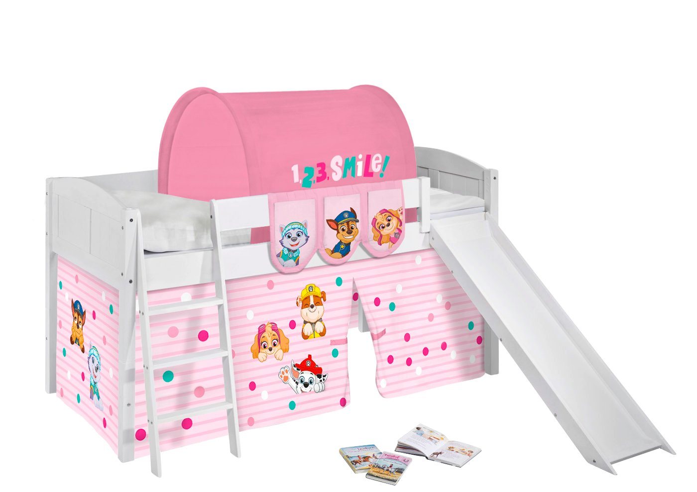 Lilokids Kinderbett Hochbett IDA Landhaus mit Rutsche & Vorhang PAW PATROL ROSA Spielbett 200x90cm von Lilokids