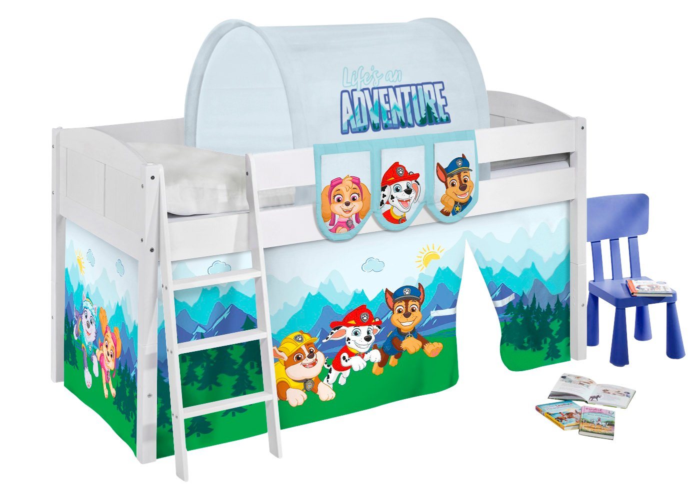 Lilokids Kinderbett Hochbett IDA Landhaus mit Vorhang PAW PATROL BLAU Spielbett 200x90cm von Lilokids