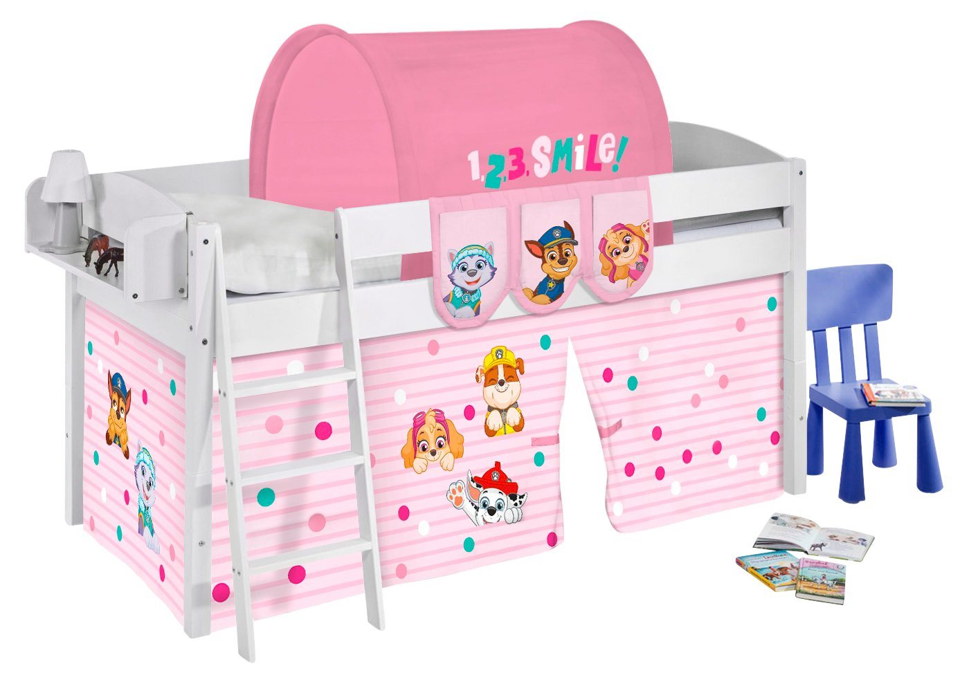 Lilokids Kinderbett Hochbett IDA Landhaus mit Vorhang PAW PATROL ROSA Spielbett 200x90cm von Lilokids