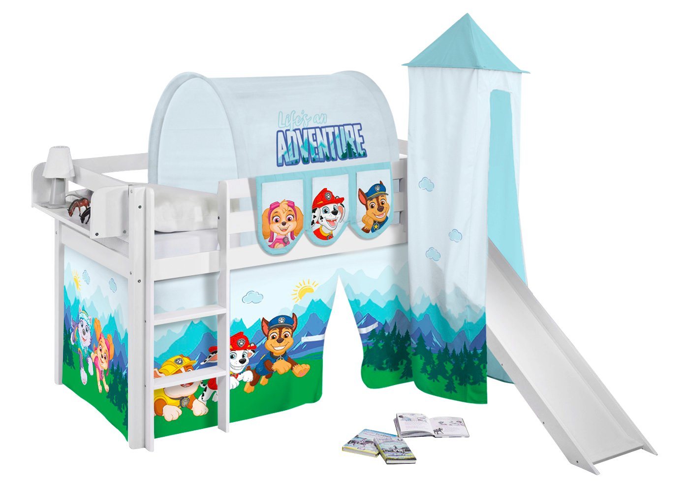 Lilokids Kinderbett Hochbett JELLE mit Vorhang & Turm PAW PATROL BLAU Spielbett 190x90cm von Lilokids