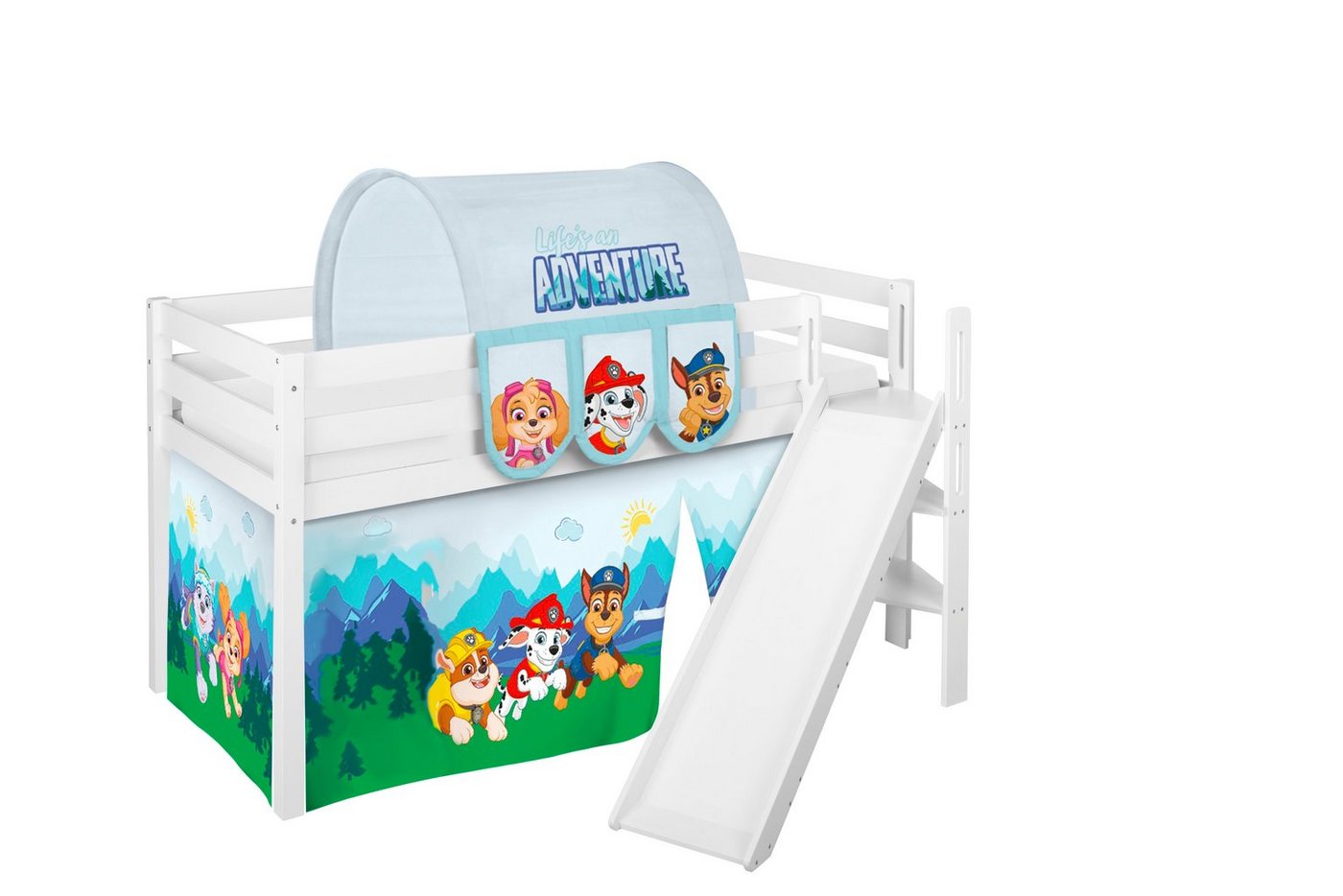 Lilokids Kinderbett Hochbett JELLE mit schräger Rutsche & Vorhang PAW PATROL BLAU Spielbett 200x90 von Lilokids