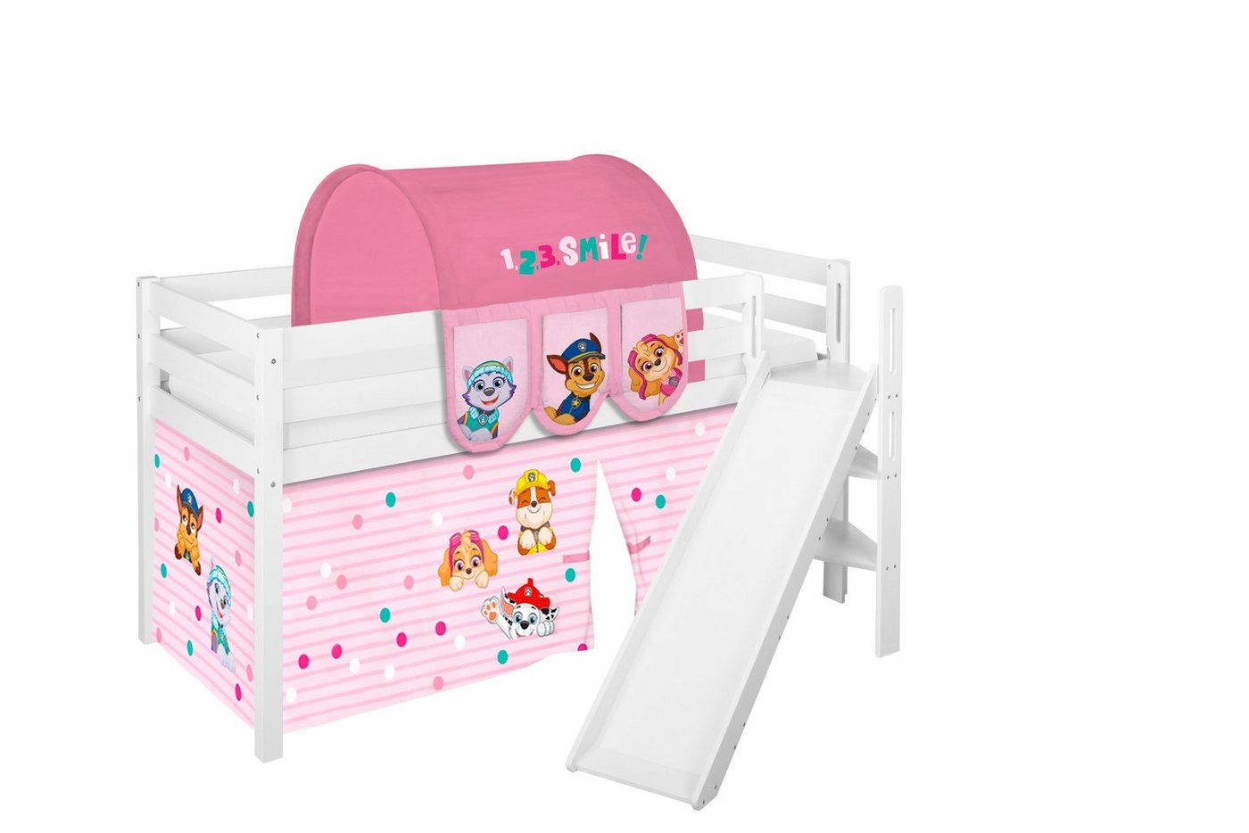 Lilokids Kinderbett Hochbett JELLE mit schräger Rutsche & Vorhang PAW PATROL ROSA Spielbett 190x90cm von Lilokids