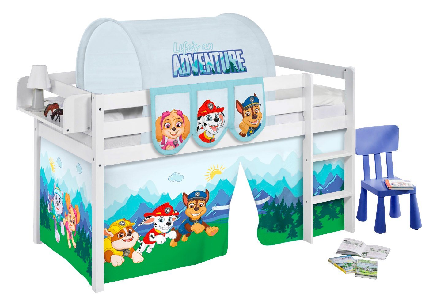 Lilokids Kinderbett Hochbett JELLE weiß mit Vorhang PAW PATROL BLAU Spielbett 190x90cm von Lilokids