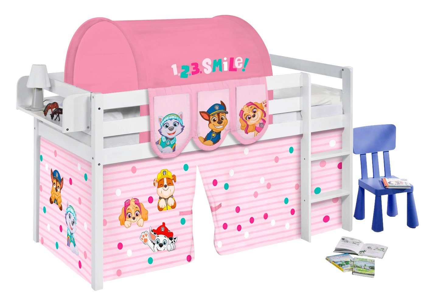 Lilokids Kinderbett Hochbett JELLE weiß mit Vorhang PAW PATROL ROSA Spielbett 190x90 cm von Lilokids