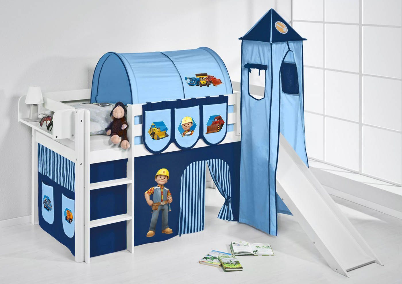 Lilokids Kinderbett Spielbett Bob der Baumeister - Hochbett mit Rutsche & Vorhang & Turm von Lilokids