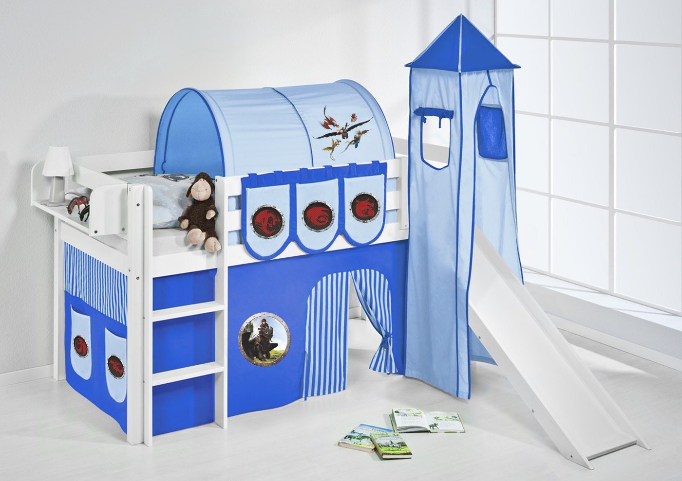 Lilokids Kinderbett Spielbett Dragons blau JELLE - mit Rutsche & Vorhang & Turm von Lilokids