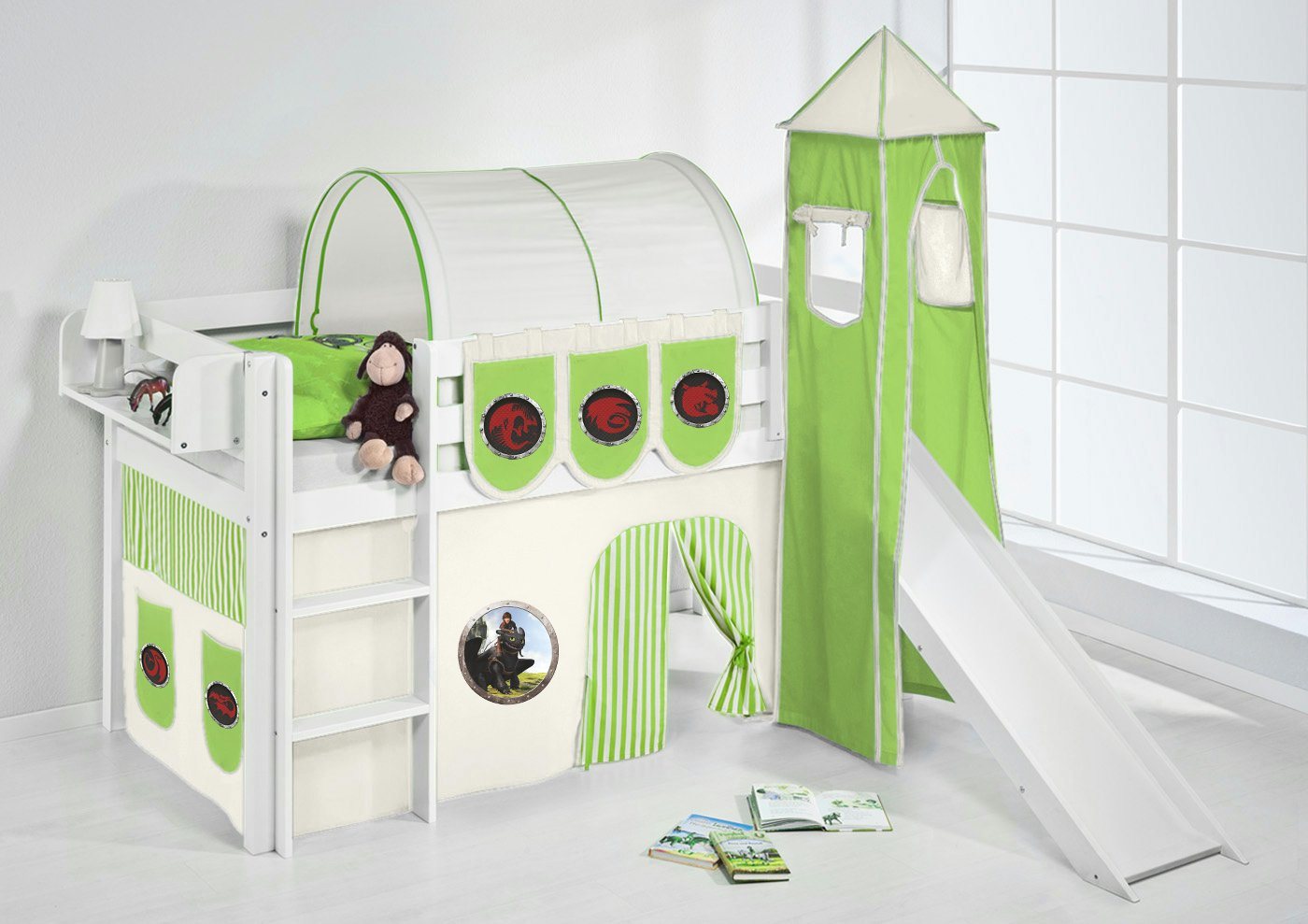 Lilokids Kinderbett Spielbett JELLE Dragons grün - mit Rutsche & Vorhang & Turm von Lilokids