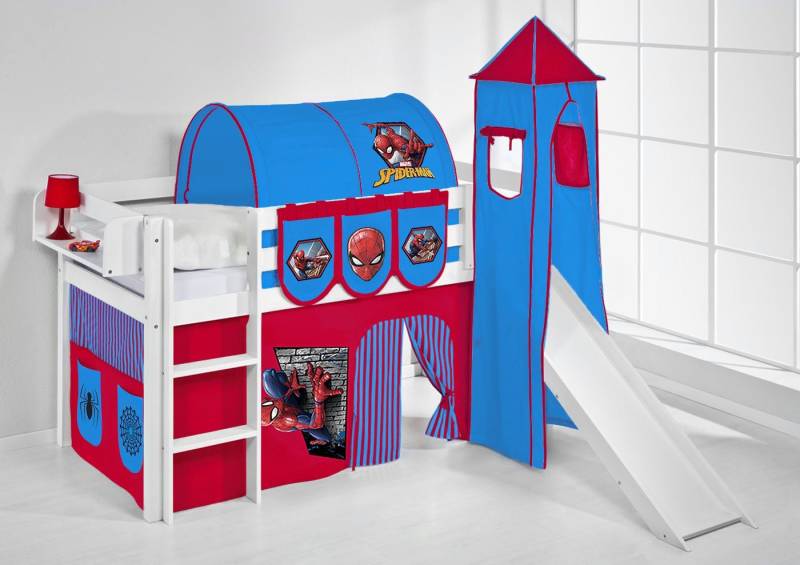 Lilokids Kinderbett Spielbett JELLE Spiderman - Hochbett LILOKIDS - weiß - mit Turm, Rutsche und Vorhang von Lilokids
