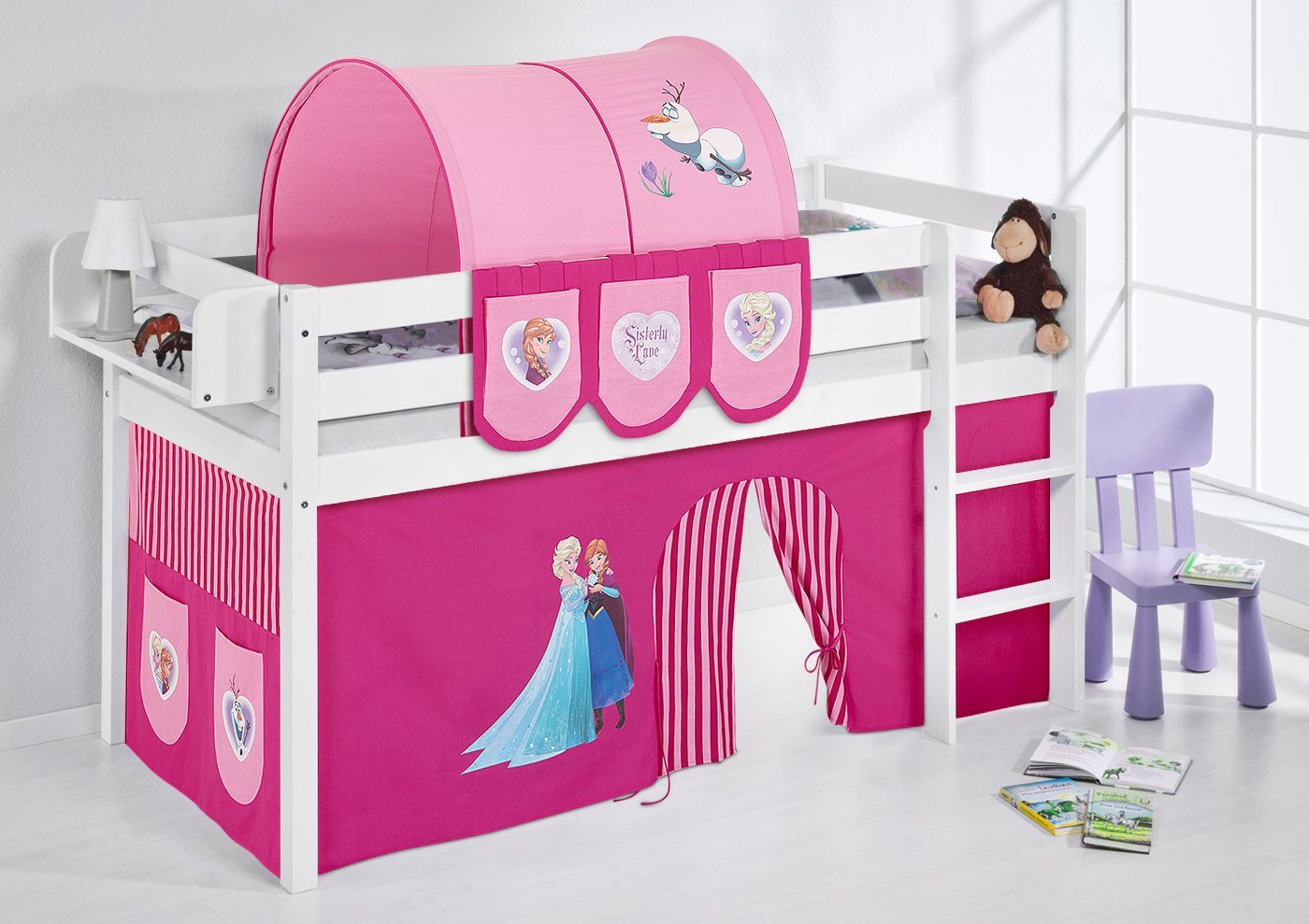 Lilokids Prinzessinbett FROZEN Prinzessinbett JELLE 190x90cm TÜV & GS geprüft mit rosa FROZEN / Eiskönigin / Anna & Elsa Vorhang in weiß und mit Lattenrost. Kinderbetten & Spielbetten aus Kiefer Massivholz von LILOKIDS von Lilokids