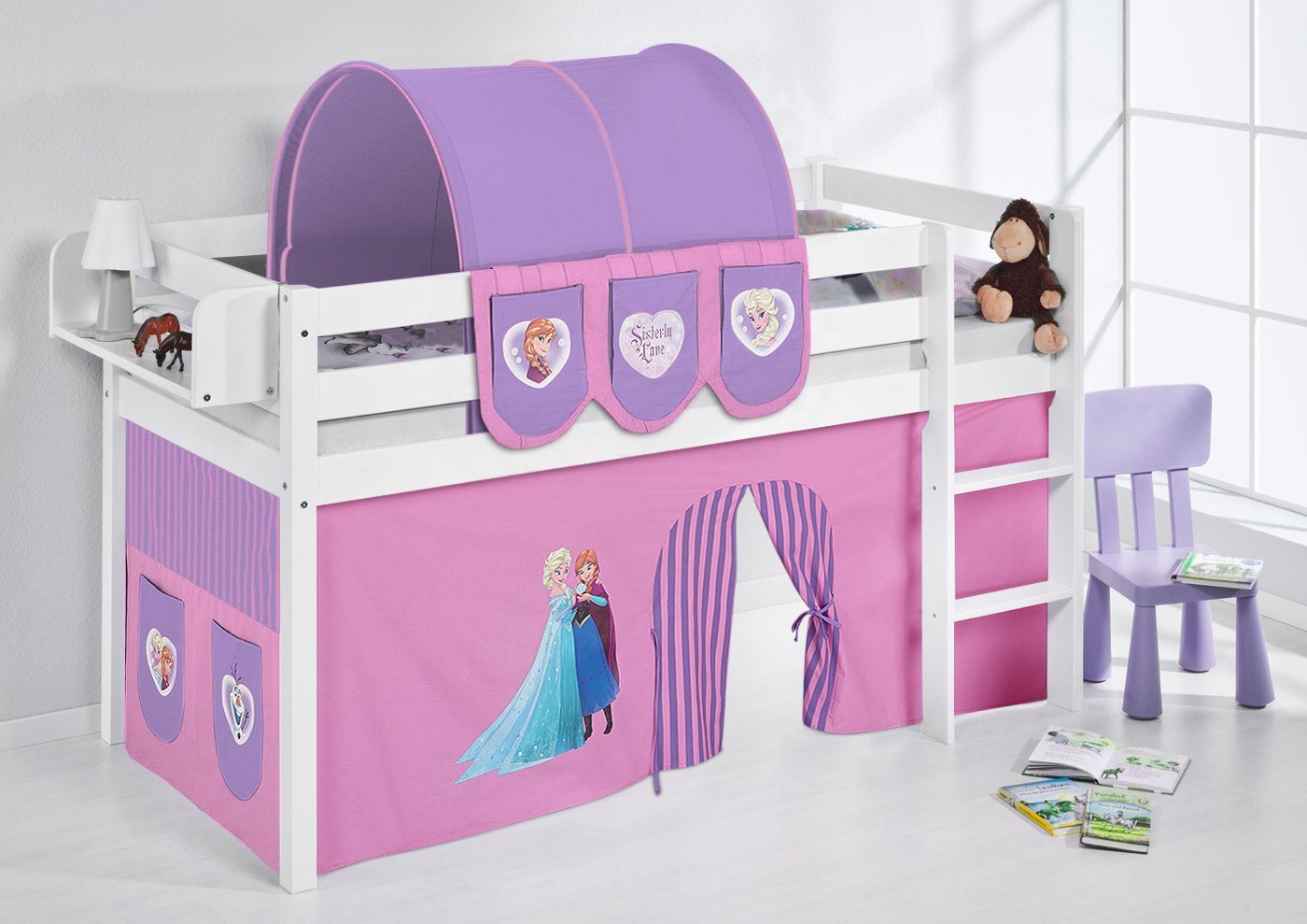 Lilokids Prinzessinbett Hochbett JELLE mit Vorhang FROZEN Eiskönigin Anna & Elsa 200x90 cm von Lilokids