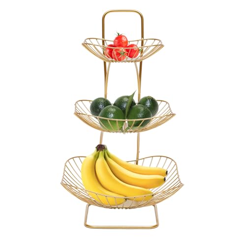 Lilyeriy Metall Obstschalen 3 Etagen Platzsparendes Obstkorb Etagere Bananenhalter für Obst Kuchen Süßigkeiten Gemüse Küchenutensilien Obstschale (Goldener) von Lilyeriy