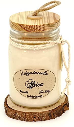 Lilygardencandles Duftkerze Africa Stopper Jar New, 55+ Stunden Brennzeit, 100% Sojawachs, angenehm herb von Lilygardencandles
