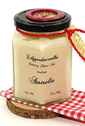 Lilygardencandles Duftkerze Australia Duft im Landhaus Glas/ 100% Sojawachs/ 50+ Stunden Brennzeit/herb und geheimnisvoll von Lilygardencandles