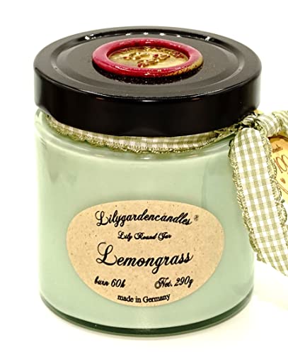 Lilygardencandles Duftkerze im Glas Lemongrass mit Holzdocht, 100% Sojawachs, 65+ Stunden, Geschenkidee, handgefertigt von Lilygardencandles