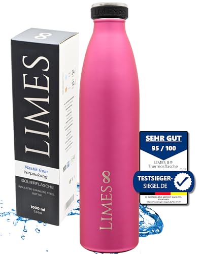 Limes 8® Trinkflasche Edelstahl Thermoskanne 1l Thermosflasche - Isolierte Wasserflasche, Auslaufsichere Isolierflasche doppelwandig, Kohlensäure geeignet (Rainbow Pink, 1000ml) von Limes 8