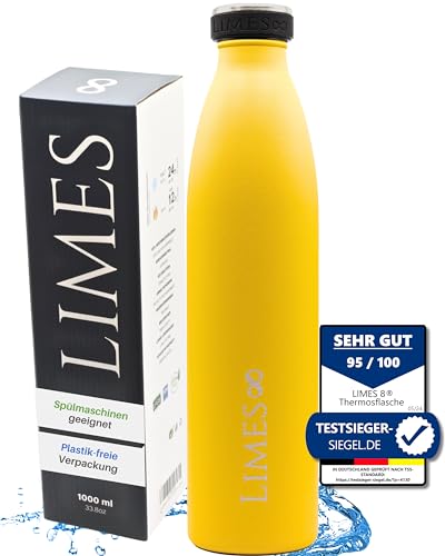 Limes 8® Trinkflasche Edelstahl Thermosflasche 1l - Isolierte Wasserflasche - Geschirrspüler geeignet - auslaufsichere Isolierflasche doppelwandig - Thermoskanne Kohlensäure geeignet (Yellow 1000ml) von Limes 8