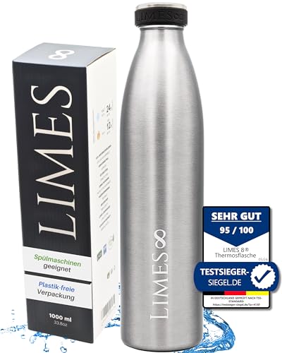 Limes 8® Trinkflasche Edelstahl Thermoskanne 1l Thermosflasche - Isolierte Wasserflasche, Auslaufsichere Isolierflasche doppelwandig, Kohlensäure geeignet (Stainless Steel, 1000ml) von Limes 8