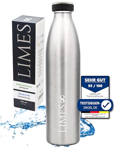 Limes 8® Trinkflasche Edelstahl Thermosflasche 0,75l - Isolierte Wasserflasche - Geschirrspüler geeignet - auslaufsichere Isolierflasche doppelwandig - Thermoskanne Kohlensäure geeignet - 750ml von Limes 8