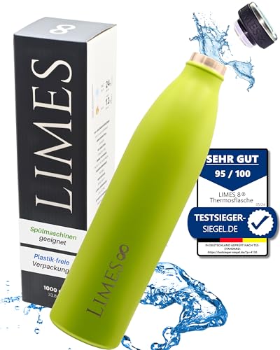 Limes 8® Trinkflasche Edelstahl Thermosflasche 1l - Isolierte Wasserflasche - Geschirrspüler geeignet - auslaufsichere Isolierflasche doppelwandig - Thermoskanne Kohlensäure geeignet - 1000ml von Limes 8