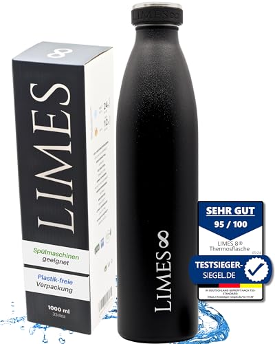 Limes 8® Trinkflasche Edelstahl Thermosflasche 1l - Isolierte Wasserflasche - Geschirrspüler geeignet - auslaufsichere Isolierflasche doppelwandig - Thermoskanne Kohlensäure geeignet - 1000ml von Limes 8