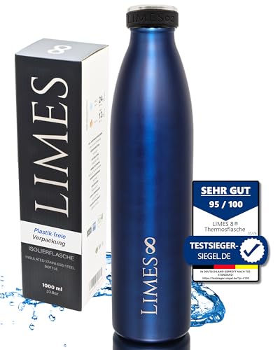 Limes 8® Trinkflasche Edelstahl Thermoskanne 1l Thermosflasche - Isolierte Wasserflasche, Auslaufsichere Isolierflasche doppelwandig, Kohlensäure geeignet (Sapphire Blue | Blau 1000ml) von Limes 8