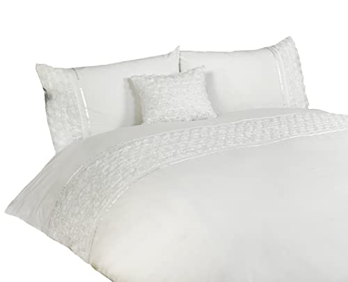 Limoge Weiß Bettbezug und 2 Kissenbezüge Night Owl Bettwäsche erhöhte Rose Rüschen Detail, weiß, Doppelbett von Rapport Home