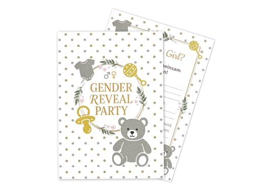 Limonia 30 Einladungskarten zur Gender Reveal Party – Stilvolle Einladungen für die Babyparty: Boy oder Girl? Perfekt für die Baby-Überraschungsparty - Gold, Silber, süßer Bär, Punkte, Blätterkranz von Limonia