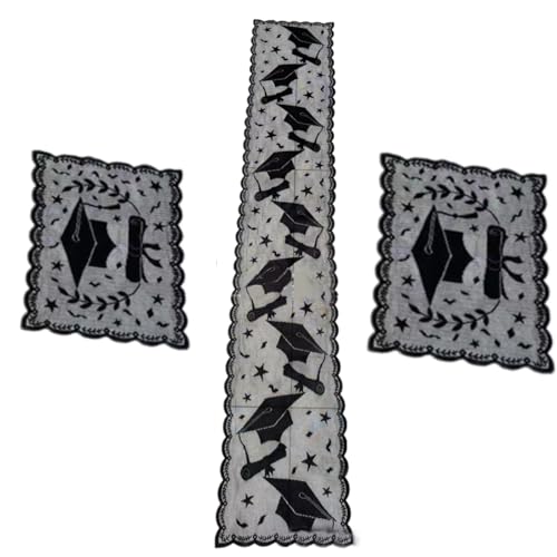 Schwarzer Spitzen-Tischläufer, Abschlusshut-Muster, Tischset für Abschlussfeier, Party, bestickte Tischdecke, Spitzenläufer von Limtula