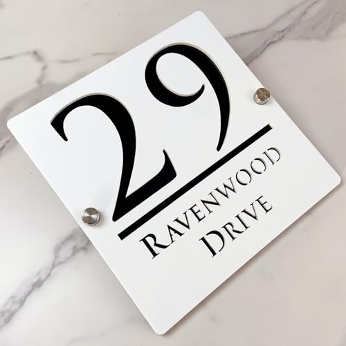 Personalisiertes 3D-Acryl-Hausnummernschild mit modernem Schriftzug, Adressschild für Geschäfte, Türschild (weiß & schwarz) von LinCognivant