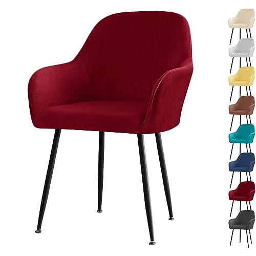 LinFortune Stretch Stuhlhusse für Esszimmerstühle mit Armlehnen Gebogene Rückenlehne Samt Stuhlhussen für Wohnmöbel Schlafzimmer Esszimmer Stuhlschutz Rot 1 Stück von LinFortune