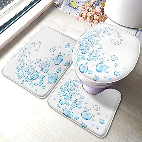 Set 3 Teilig Badvorleger Wasserblasen Cyan Fresh Transparent Soda Fizzy Splash Badezimmer Teppiche Set 3 Stück Langlebige Weiche rutschfeste Fußmatte Set, Für Wohnzimmer, Badezimmer von LinGaoLianHuRuiWangLuoKeJi