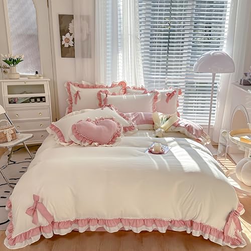 LinQton Doppellagiges Bettwäsche-Set mit Spitzenschleife, einfaches Prinzessinnen-Bettwäsche-Set mit Bettlaken, Frühlingsmädchen, Heimtextilien für Schlafzimmerdekoration (Rosa-Weiß, Einzelbett, 150 x von LinQton
