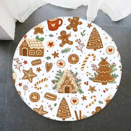 LinQton Runder Weihnachtsteppich, festlicher Xam-Baum, Lebkuchenmann, runder Teppich, rutschfeste Feiertag-Fußmatte, saisonale Dekoration für Wohnzimmer, Weihnachtsgeschenkidee (150 x 150 cm, Farbe 2) von LinQton