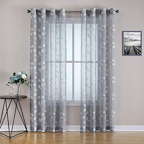 LinTimes 2er Set Blatt Sheer Vorhänge mit Stickerei halb Transparente Voile mit Ösen Gardine für Schlafzimmer Wohnzimmer,132 * 137cm,Grau von LinTimes