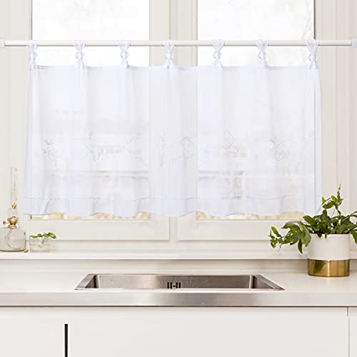 LinTimes Bistrovorhang mit Bestickt, Voileschlaufen Scheibenvorhang Mia Küchen Transparenter Vorhang, Weiß, 60 * 145 cm von LinTimes