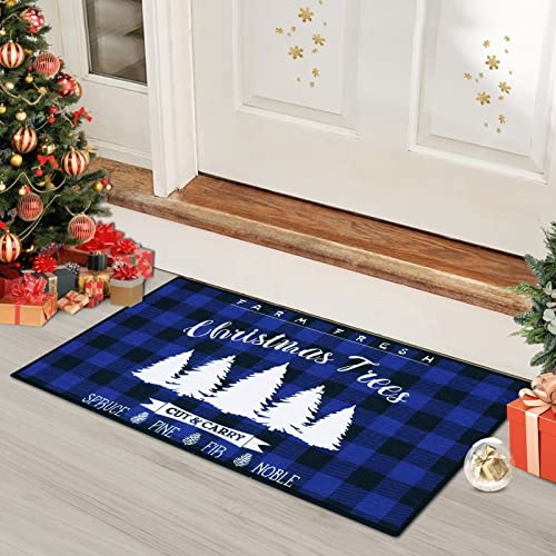 LinTimes Weihnachtsfußmatte Kariert Teppich für Innen und Außen Waschbarer Türvorleger mit Weihnachtsbaum Blau-Schwarz Karos Fußmatte 40 x 60 cm von LinTimes