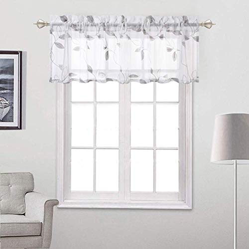 LinTimes Gardine Scheibengardine mit Stickerei Blattmuster kurzstore Vorhang klein Fenster Halb Voile Vorhänge für Küche Badezimmer, 132 * 37cm(52 x 15 Inch), Grau von LinTimes