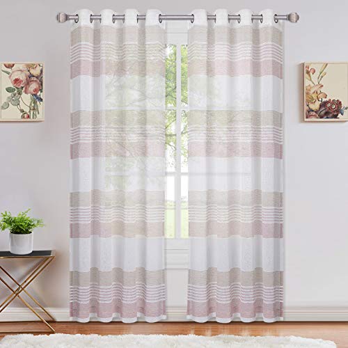 LinTimes Halb Transparent Sheer Streifen Vorhang Voile Ösenshchal Gardine für Wohnzimmer Fensterschal Scheibengardine,2er Set,132 * 183cm, Rosa von LinTimes