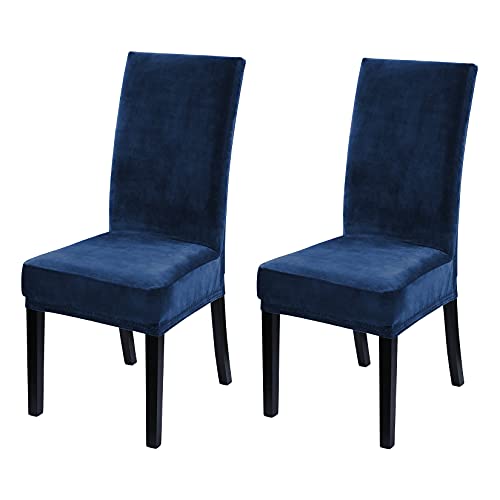 LinTimes Hotelqualität Samt Stretch Stuhlhussen für Esszimmer Samt Stuhl Schutzhüllen Schonbezug für Hotelzeremonie, weicher, Dicker, Fester Samtstoff waschbar, 2er Set Peacock Navy blau von LinTimes