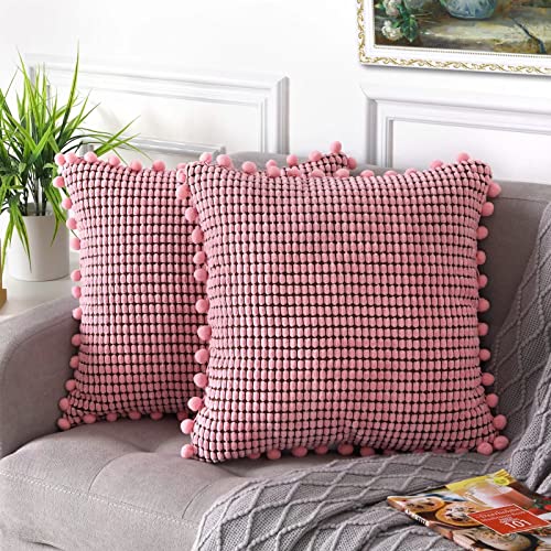 LinTimes Kissenbezüge Boho 45x45 Pom Pom, Dekorative Wurfkissenbezüge 18x18 Großer Mais Rosa Cord Kissenbezug Gelb für Couch Sofa Schlafzimmer Wohnzimmer, 45x45cm von LinTimes