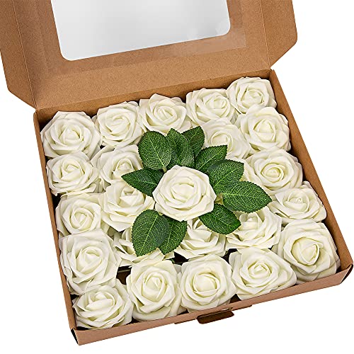 LinTimes Künstliche Rosen Blumen, 25 Stück Kunstblumen Rosenköpfe und Blatt für DIY Hochzeit Blumensträuße/Zuhause Dekorationen - Milchig weiß von LinTimes