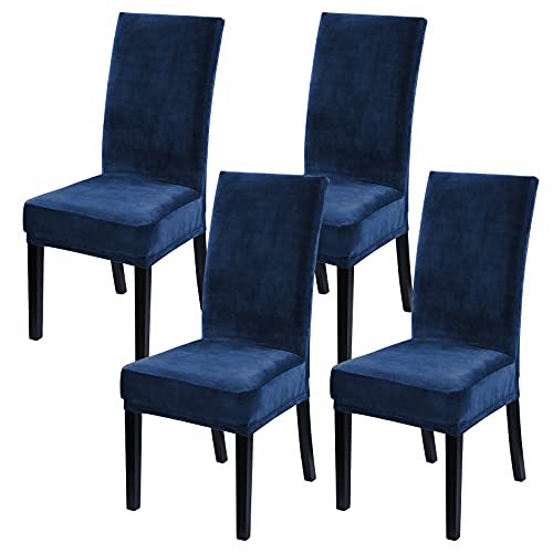 LinTimes Samt Esszimmerstuhlbezüge Stretch Stuhlbezüge für Esszimmer Samt Stuhlschutzbezüge Schonbezug für Hotelzeremonie, Dicker, weicher, moderner Stil, 4er-Set Peacock Navy blau von LinTimes
