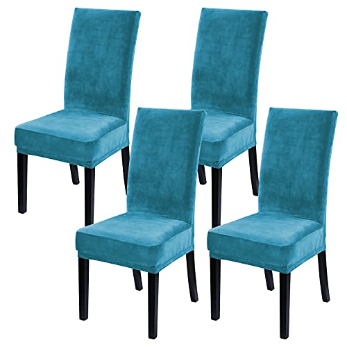 LinTimes Samt Esszimmerstuhlbezüge Stretch Stuhlbezüge für Esszimmer Samt Stuhlschutzbezüge Schonbezug für Hotelzeremonie, Dicker, weicher, moderner Stil, 4er-Set Peacock Teal von LinTimes