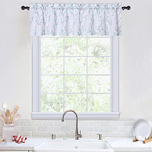 LinTimes Scheibengardine Landhausstil Küche Gardine Halbtransparent Kleinfenster Kurzvorhang Querbehang Fensterdeko Ästedruck Teal, 1 Stück, 137 x 38 cm von LinTimes