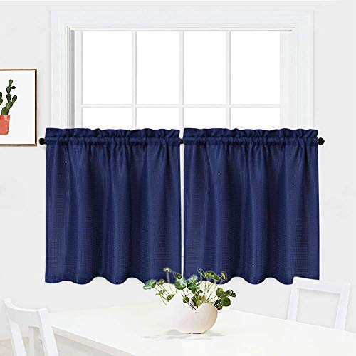 LinTimes Scheibengardinen Cáfe Vorhang mit Tunnelzug,Waffel Scheibengardinen landhausstil für Küche, Badezimmer, Bistrogardinen halbtransparent, 2 Stück,Marine Blau,76x114cm von LinTimes