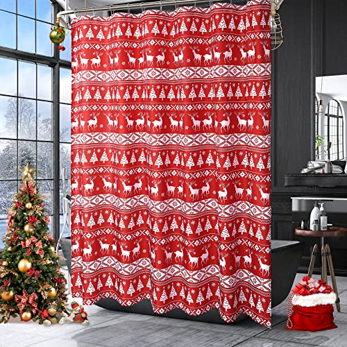 LinTimes Weihnachts-Duschvorhang, roter Xmas-Duschvorhang, Weißer Xmas-Kiefern-Standard-Duschvorhang für Badezimmerdekoration, moderner Happy New Year-Winter-Stoff-Duschvorhang, 182x182 cm Rot von LinTimes